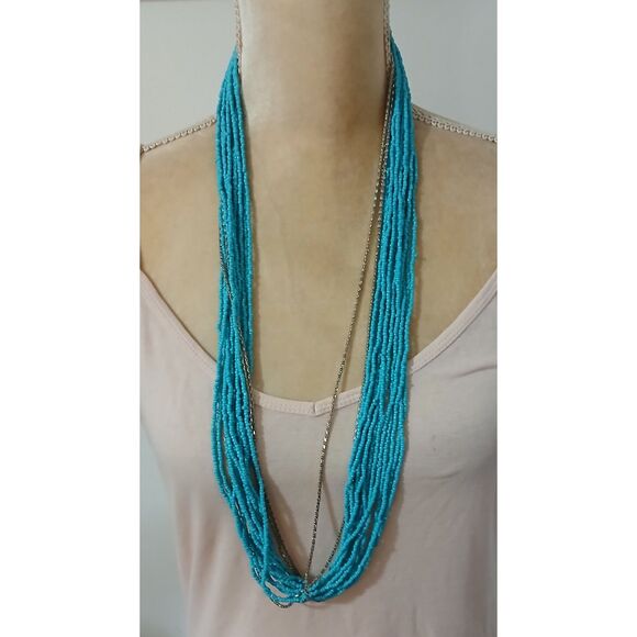 Vintage teal 34" multi-strand tiny glass? seed bead necklace silver accents boho - Picture 1 of 5